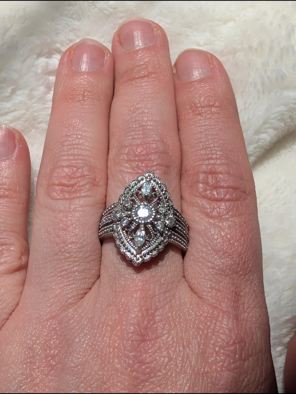 NF 925 Sterling Silver CZ Filigree Art Deco Statement Ring Size 8